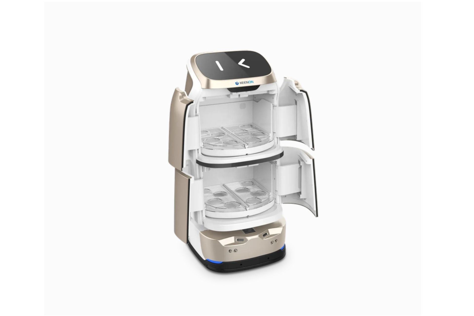 BUTLERBOT W3 hotel delivery robot with its lockable compartments open