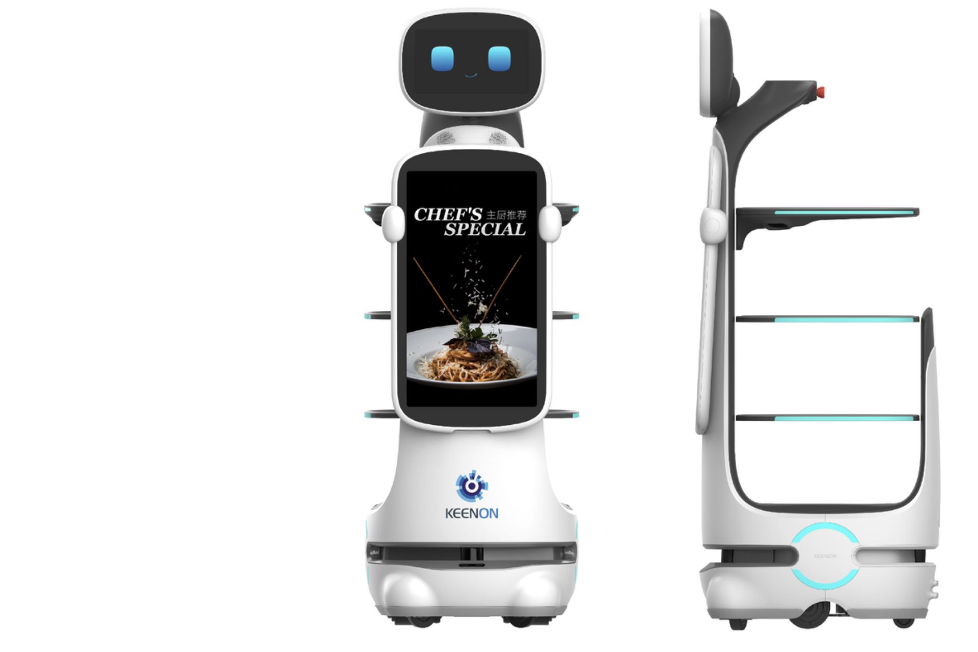 DINERBOT T10 autonomous restaurant food delivery robot with advertising screen