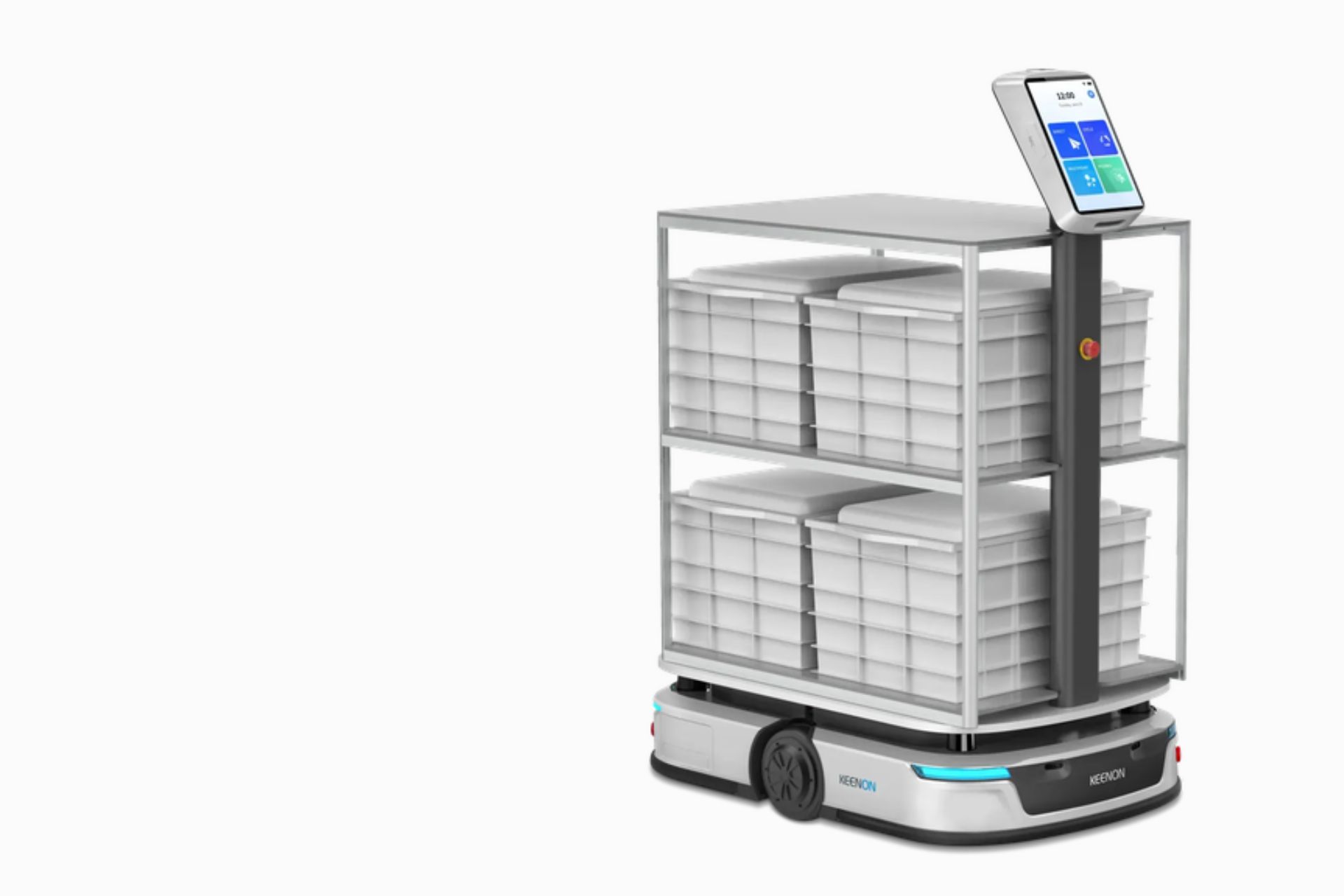 KEENON S100 heavy-load delivery robot loaded with stacked totes on its shelving